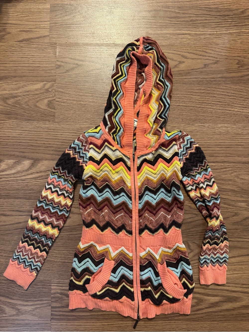 Missoni Knit Hooded Zip Cardigan in Coral Multi